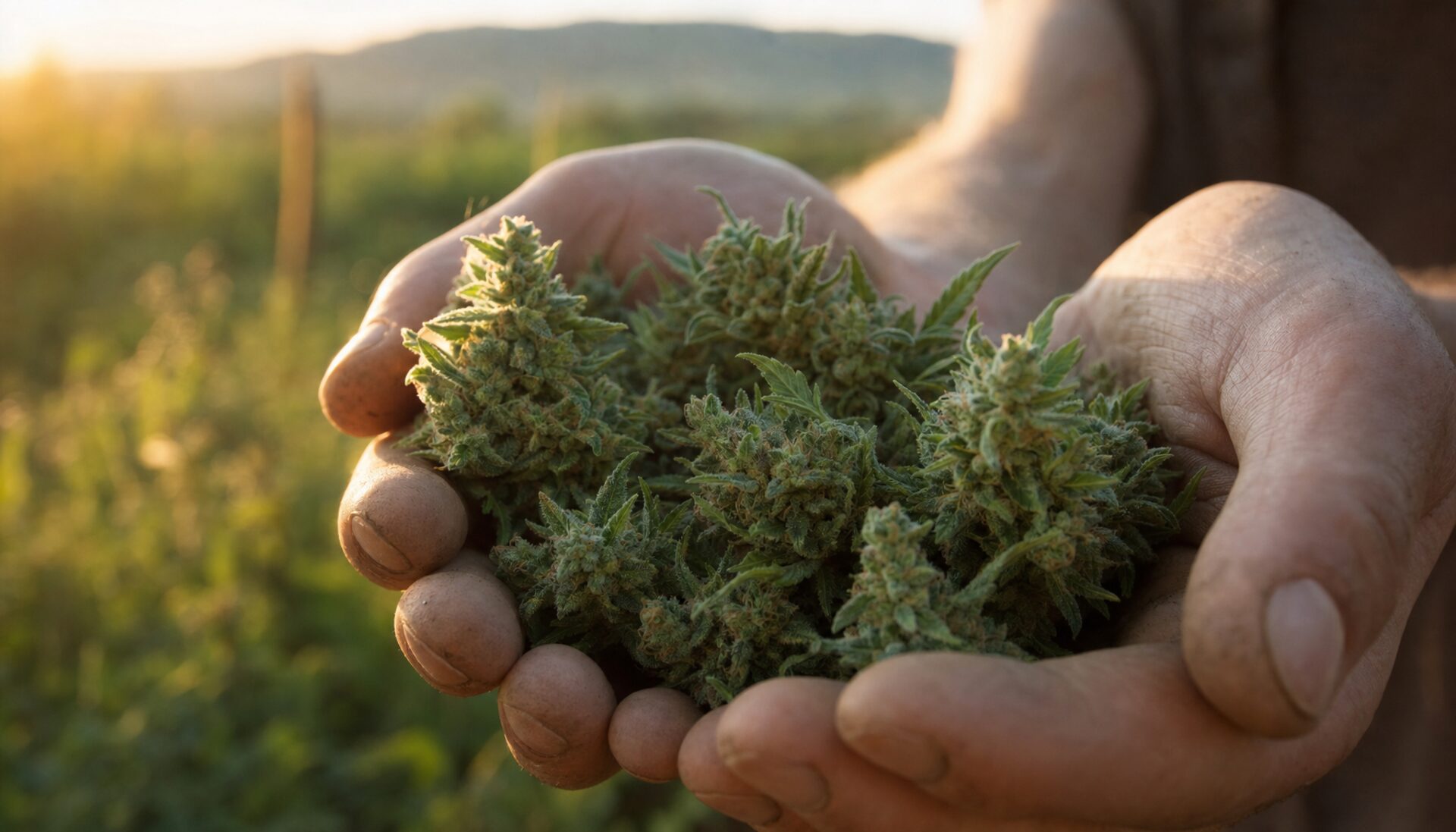 Hands cradling freshly harvested cannabis at golden hour