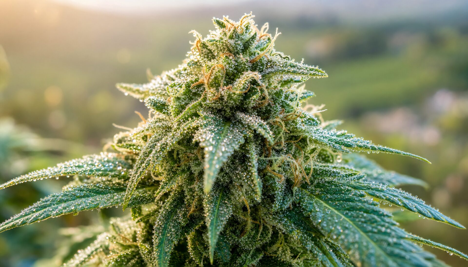 Macro view of a fresh cannabis flower covered in dew